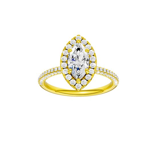 Marquise-cut diamond engagement ring with a pavé-set diamond band and halo setting.