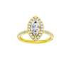 Marquise-cut diamond engagement ring with a pavé-set diamond band and halo setting.