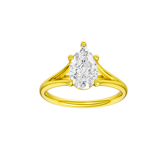 Pear-cut diamond engagement ring with a plain band and solitaire setting.