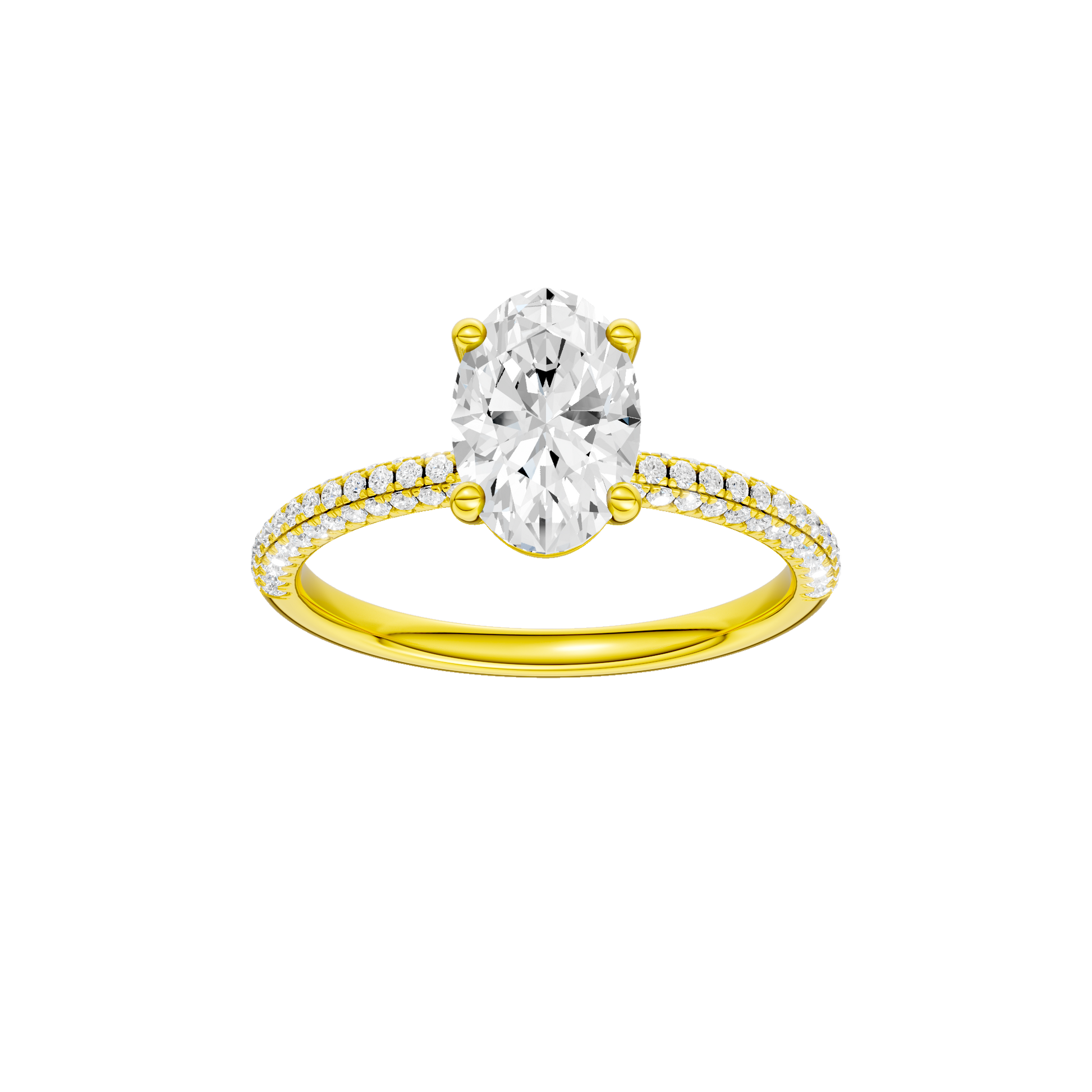 Oval-cut diamond engagement ring with a pavé-set diamond band and solitaire setting.
