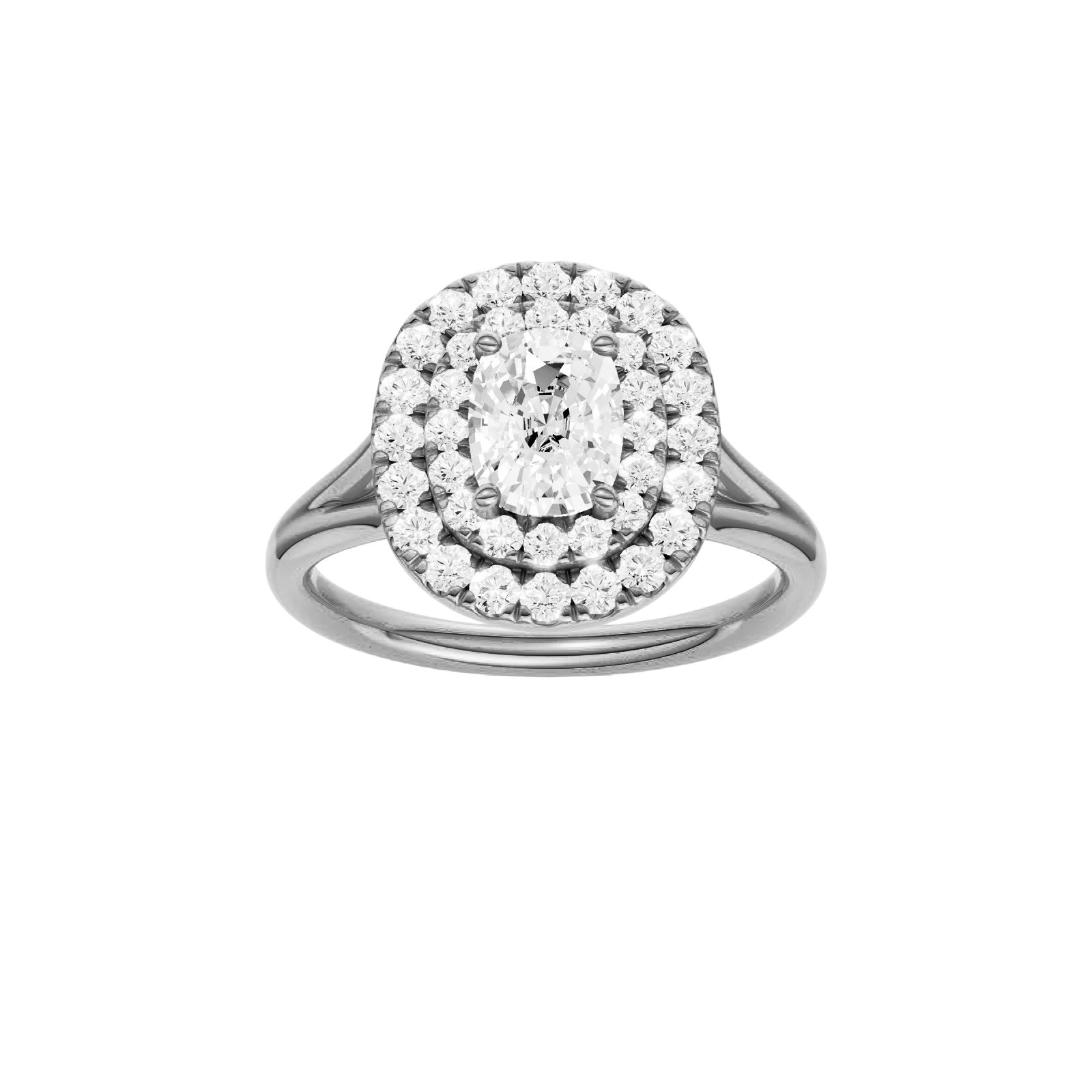 Elongated cushion-cut diamond engagement ring with a plain band and double-halo setting.