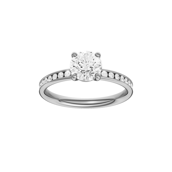Round-cut diamond engagement ring with a channel-set diamond band and solitaire setting.
