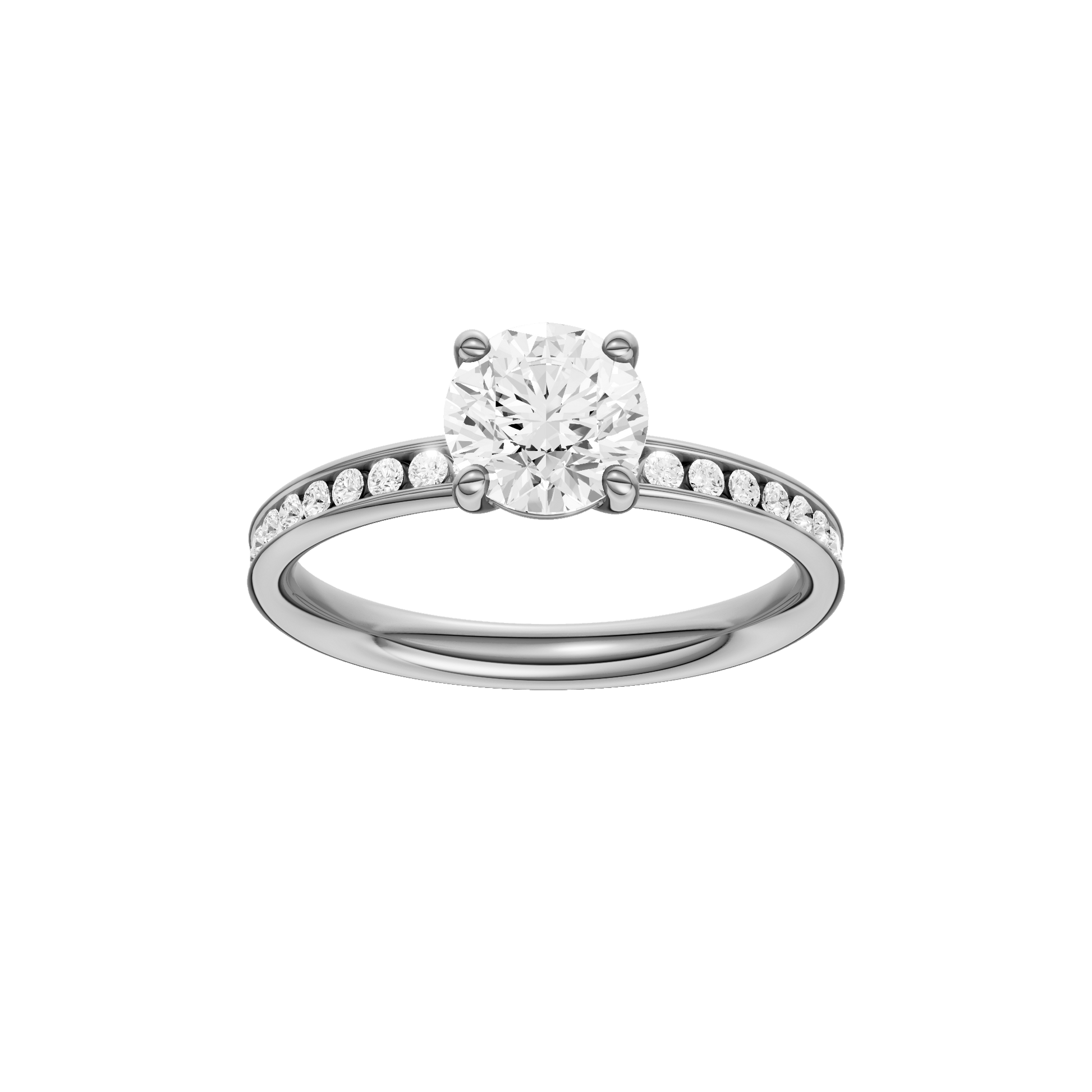 Round-cut diamond engagement ring with a channel-set diamond band and solitaire setting.