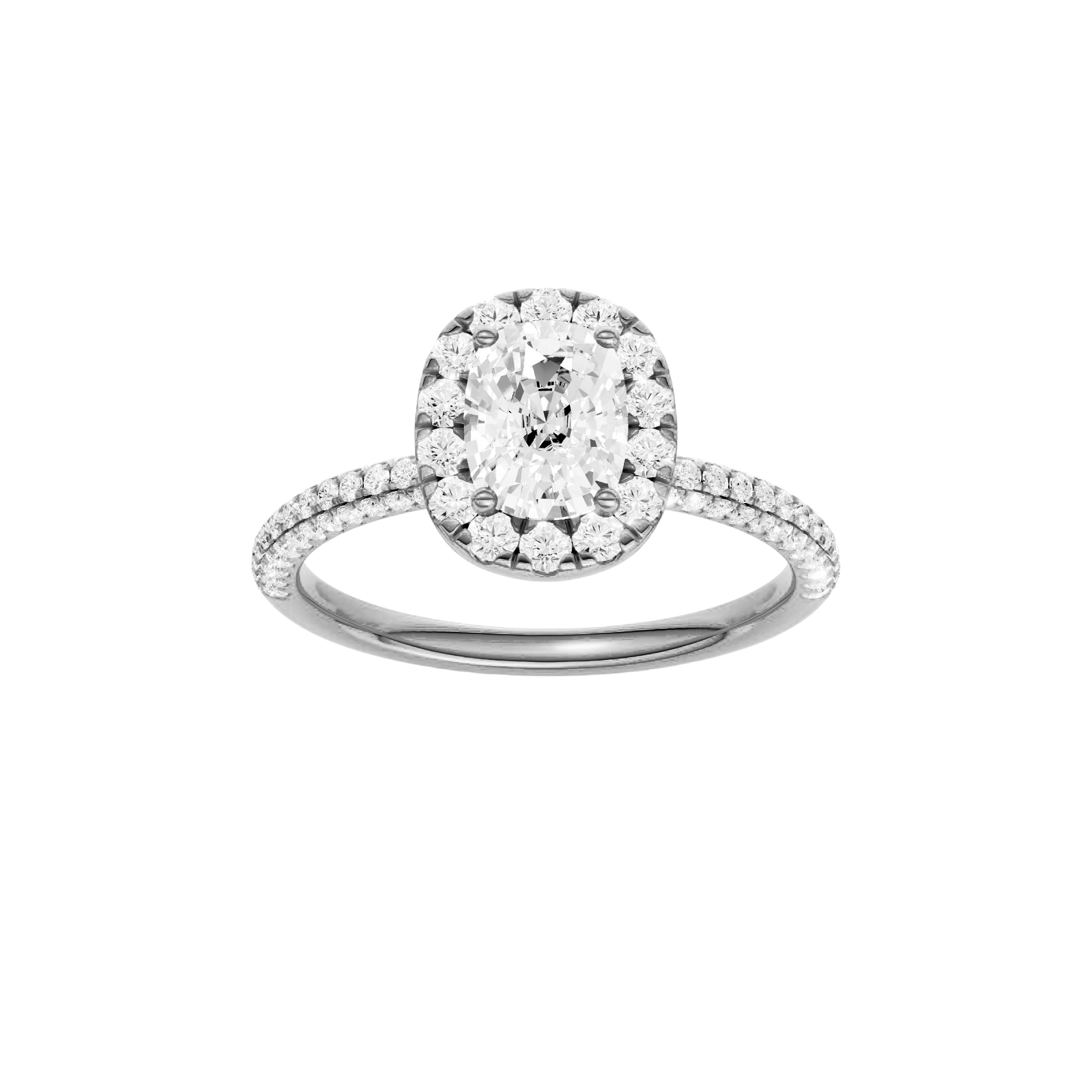 Elongated cushion-cut diamond engagement ring with a pavé-set diamond band and halo setting.