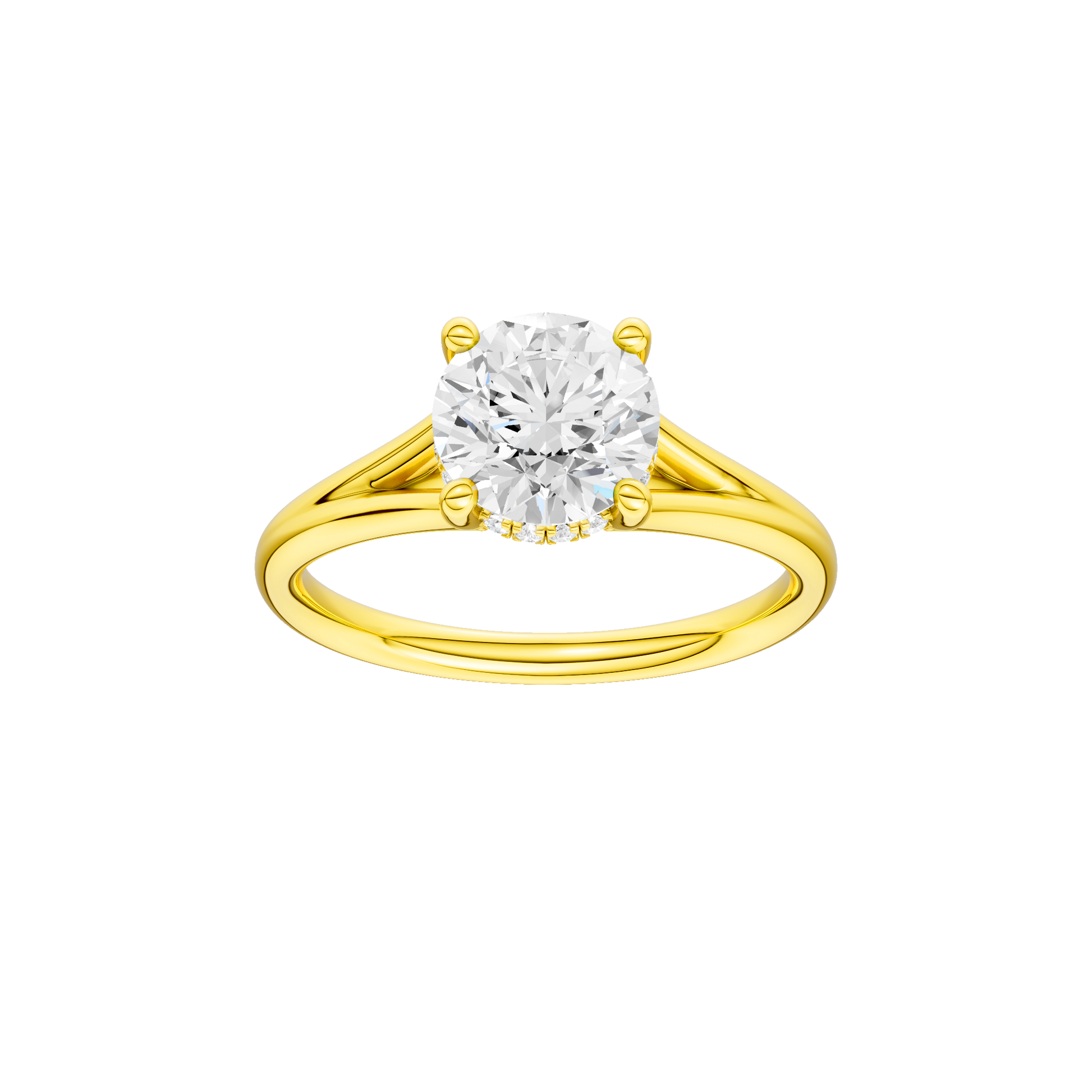Round-cut diamond engagement ring with a plain band and hidden-halo setting.