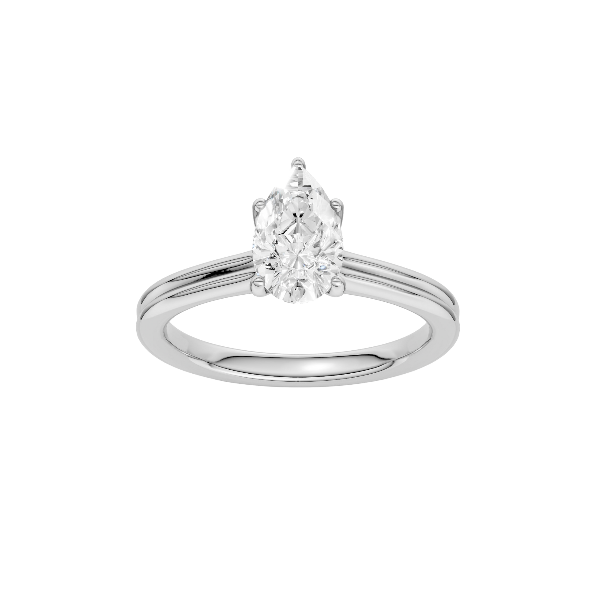 Pear-cut diamond engagement ring with a plain band and solitaire setting.