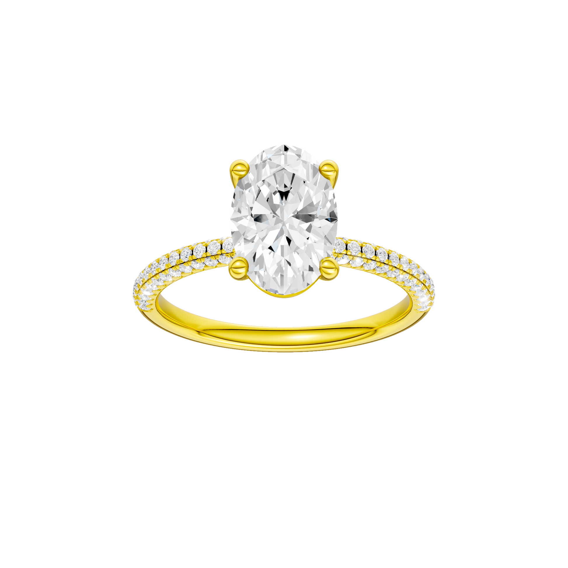 Oval-cut diamond engagement ring with a pavé-set diamond band and solitaire setting.