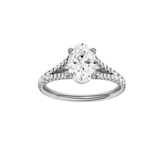 Oval-cut diamond engagement ring with a prong-set diamond band and solitaire setting.