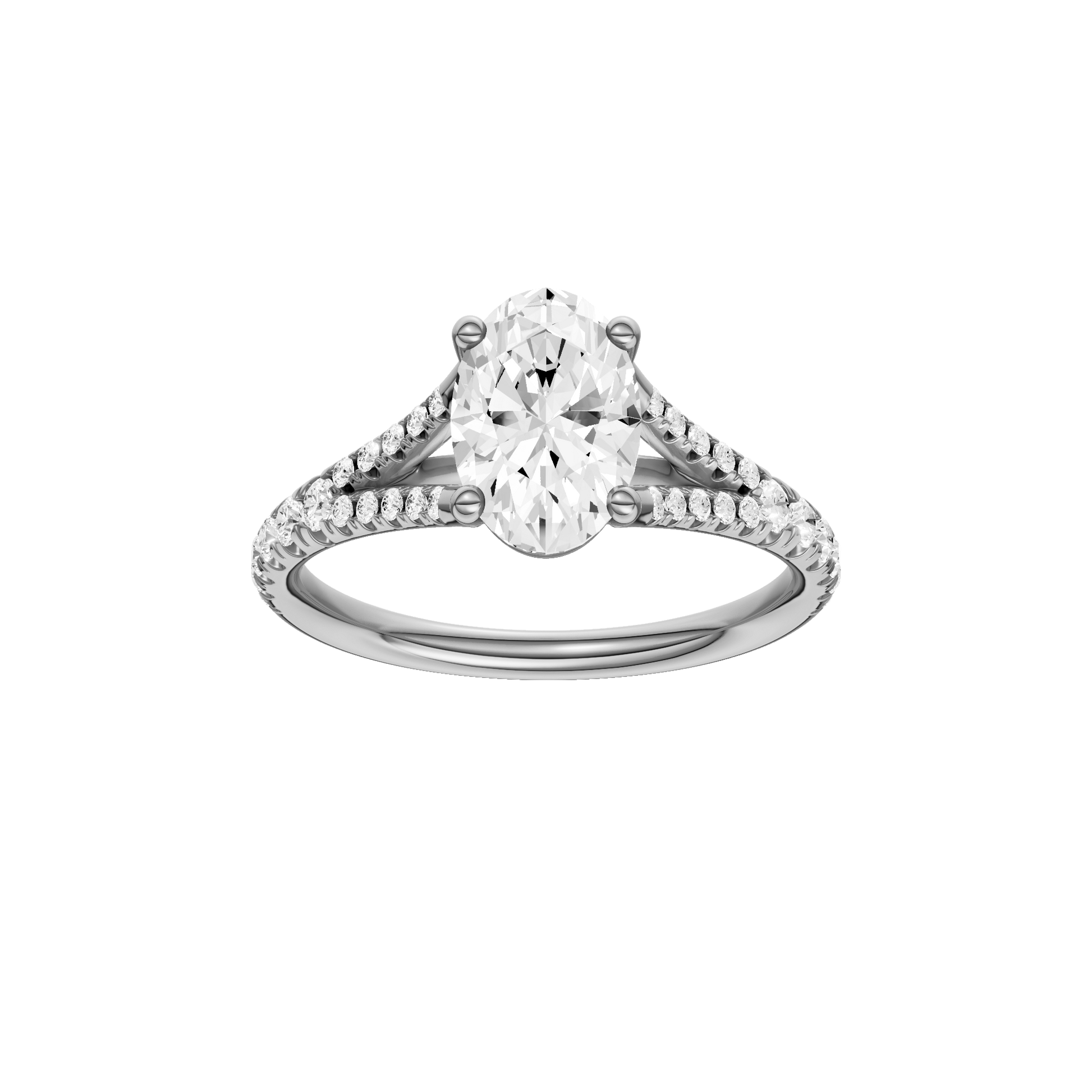 Oval-cut diamond engagement ring with a prong-set diamond band and solitaire setting.