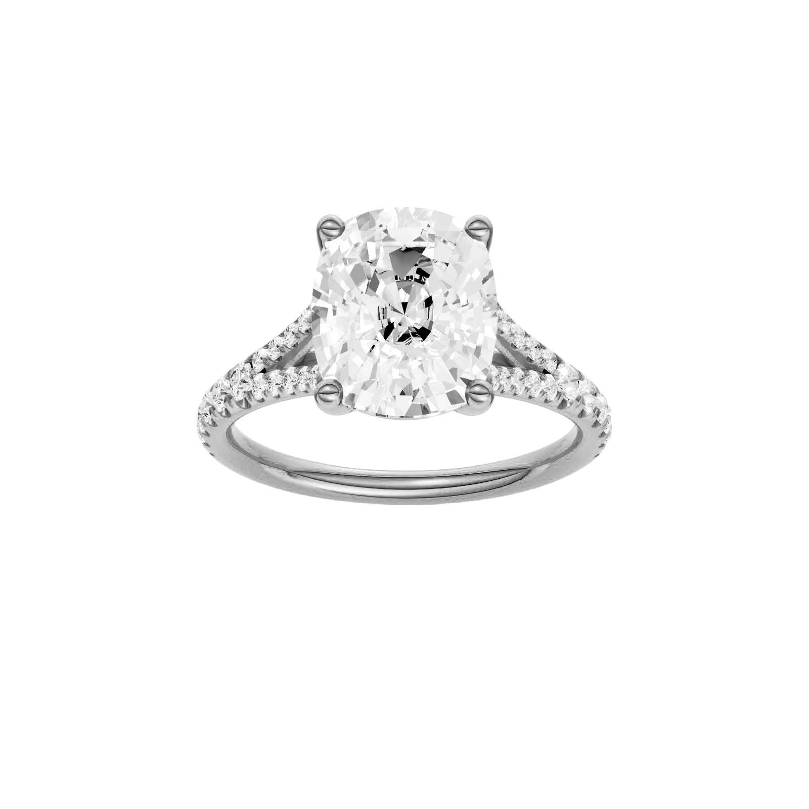 Elongated cushion-cut diamond engagement ring with a prong-set diamond band and solitaire setting.