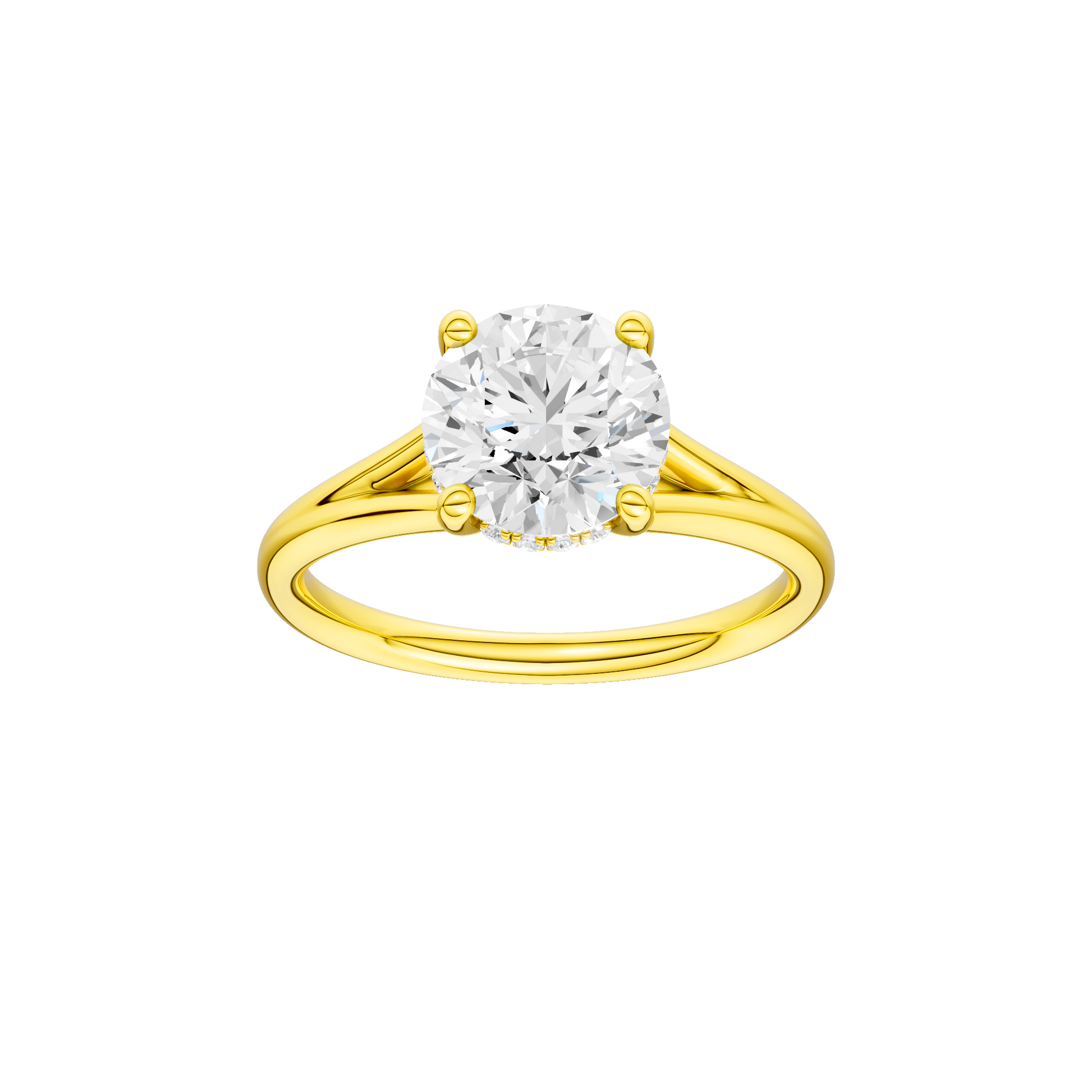 Round-cut diamond engagement ring with a plain band and hidden-halo setting.