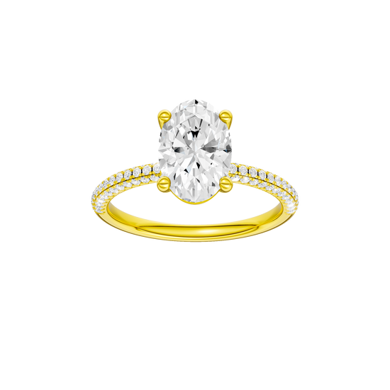 Oval-cut diamond engagement ring with a pavé-set diamond band and solitaire setting.