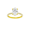Oval-cut diamond engagement ring with a pavé-set diamond band and solitaire setting.