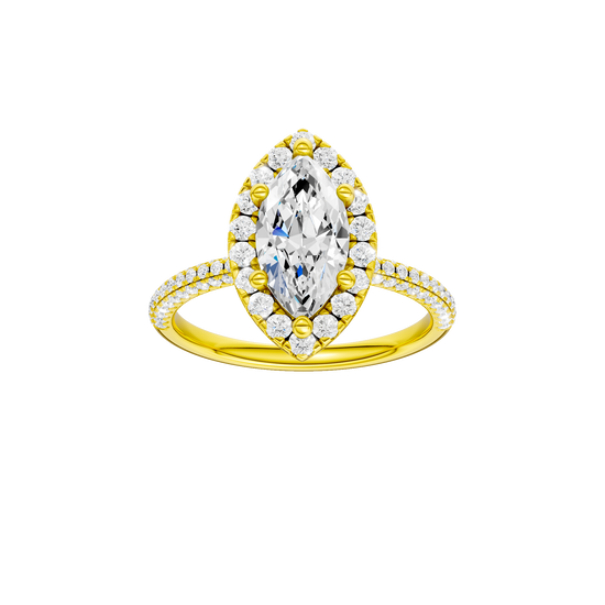 Marquise-cut diamond engagement ring with a pavé-set diamond band and halo setting.