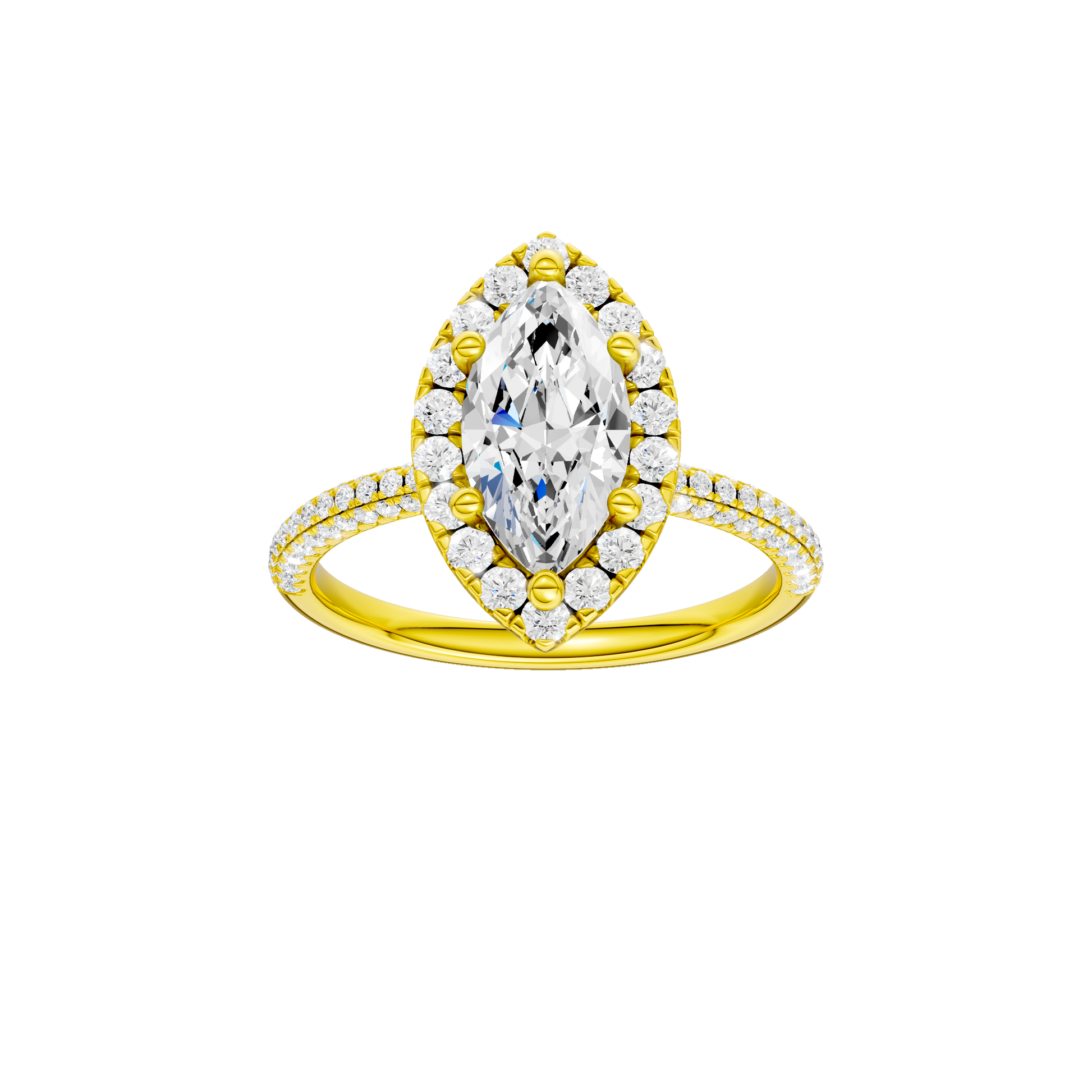Marquise-cut diamond engagement ring with a pavé-set diamond band and halo setting.