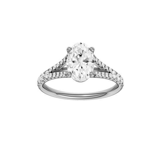 Oval-cut diamond engagement ring with a prong-set diamond band and solitaire setting.