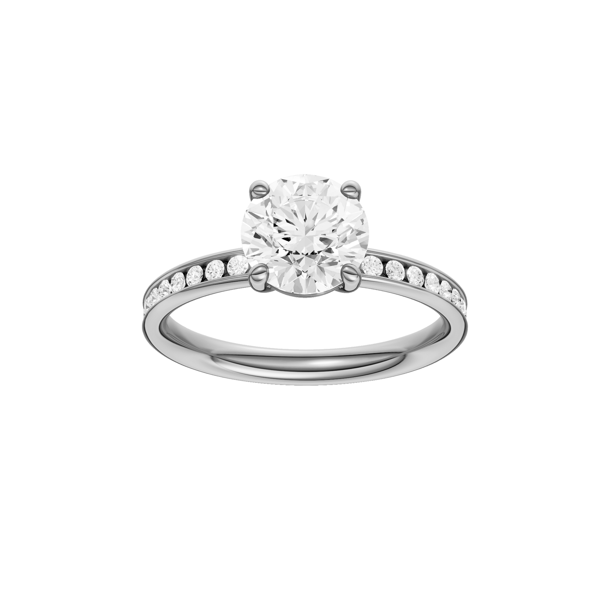 Round-cut diamond engagement ring with a channel-set diamond band and solitaire setting.