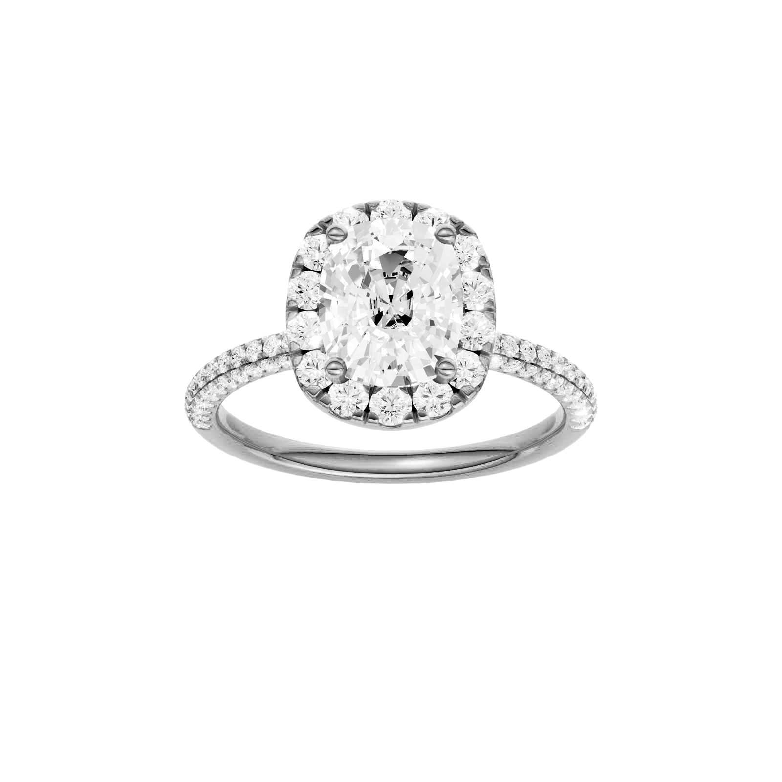 Elongated cushion-cut diamond engagement ring with a pavé-set diamond band and halo setting.
