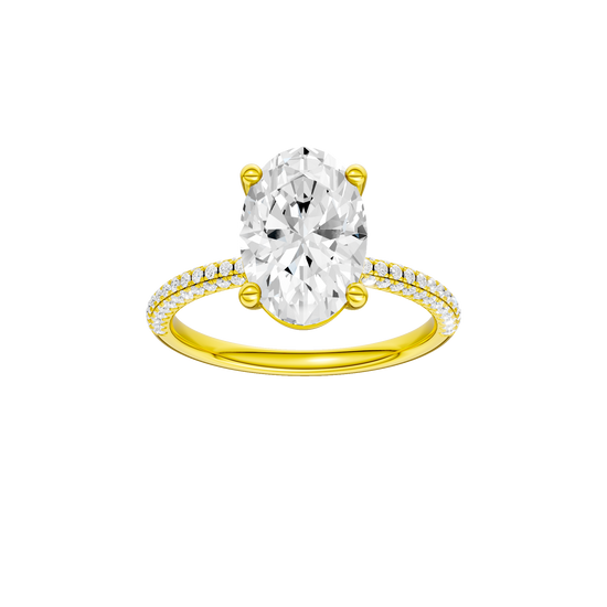 Oval-cut diamond engagement ring with a pavé-set diamond band and solitaire setting.