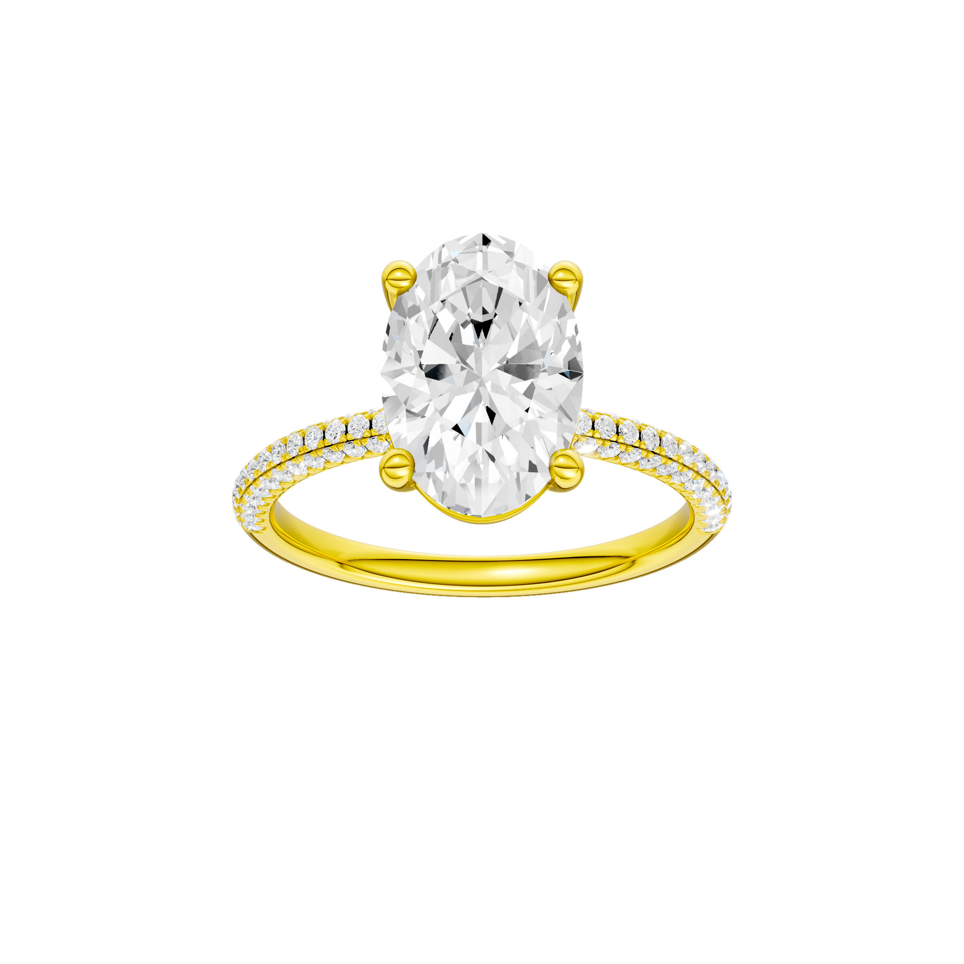 Oval-cut diamond engagement ring with a pavé-set diamond band and solitaire setting.