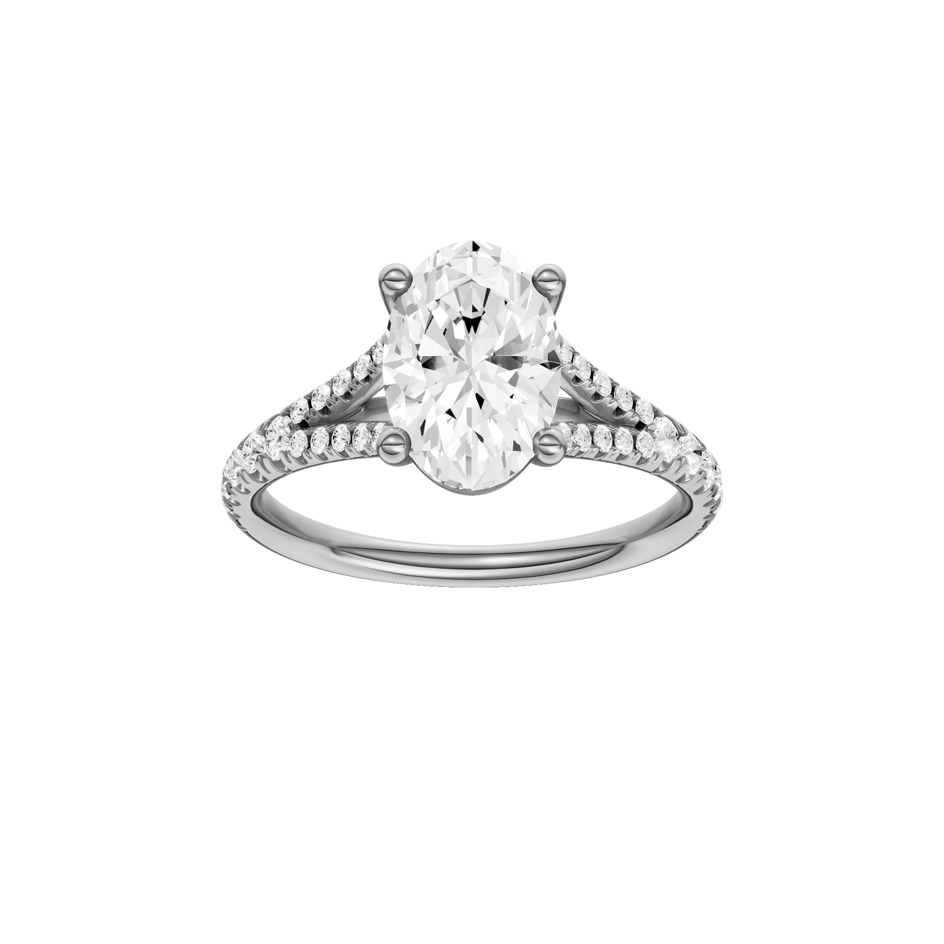 Oval-cut diamond engagement ring with a prong-set diamond band and solitaire setting.