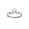 Round-cut diamond engagement ring with a channel-set diamond band and solitaire setting.