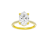 Oval-cut diamond engagement ring with a pavé-set diamond band and solitaire setting.