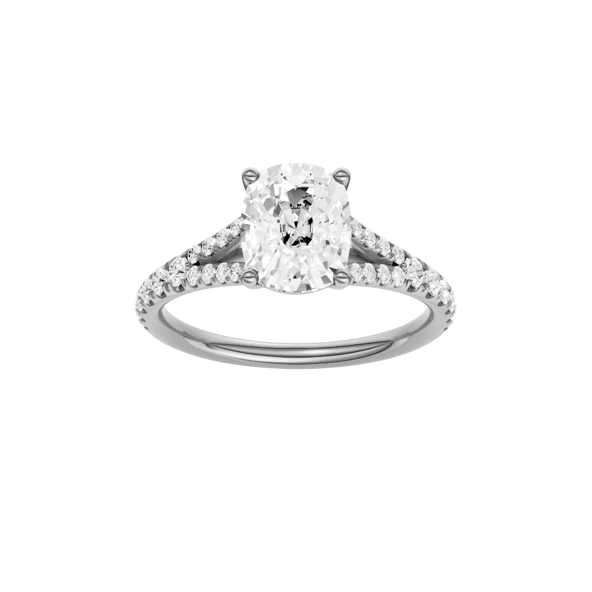 Elongated cushion-cut diamond engagement ring with a prong-set diamond band and solitaire setting.