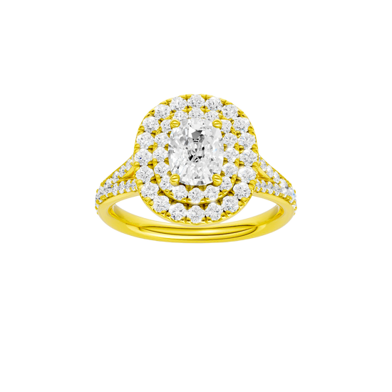Elongated cushion-cut diamond engagement ring with a channel-set diamond band and double-halo setting.