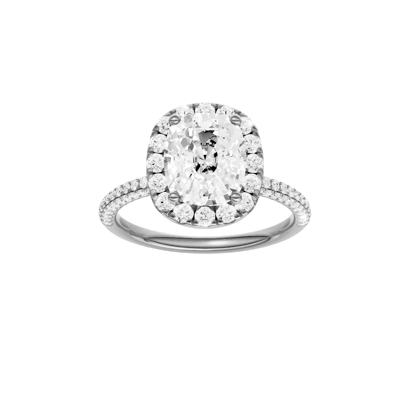 Elongated cushion-cut diamond engagement ring with a pavé-set diamond band and halo setting.