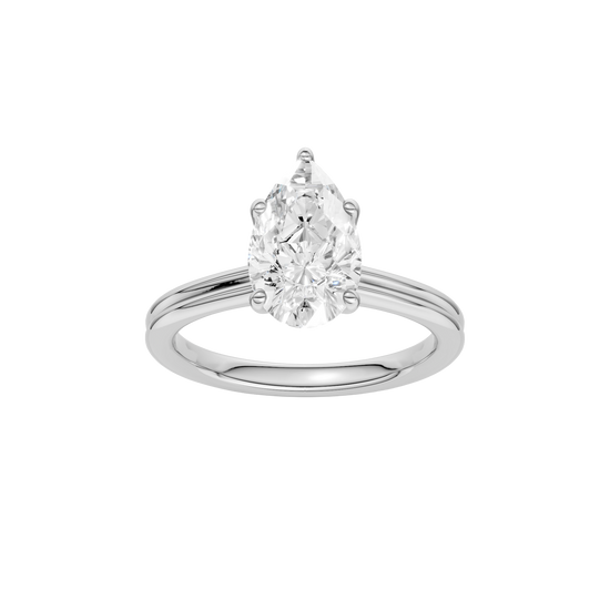 Pear-cut diamond engagement ring with a plain band and solitaire setting.