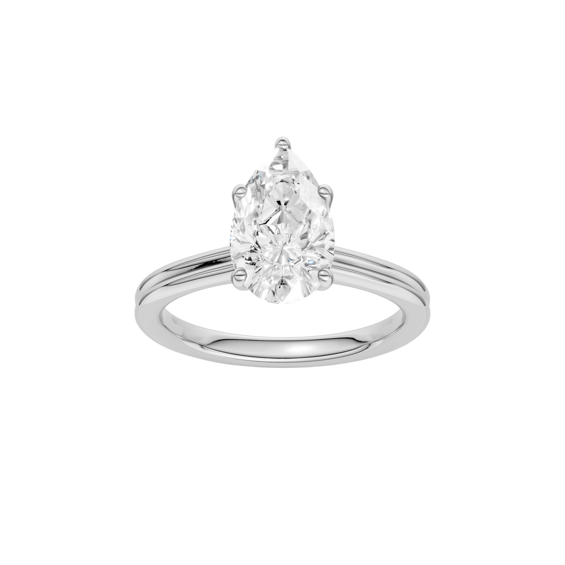 Pear-cut diamond engagement ring with a plain band and solitaire setting.