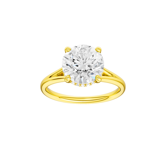 Round-cut diamond engagement ring with a plain band and hidden-halo setting.