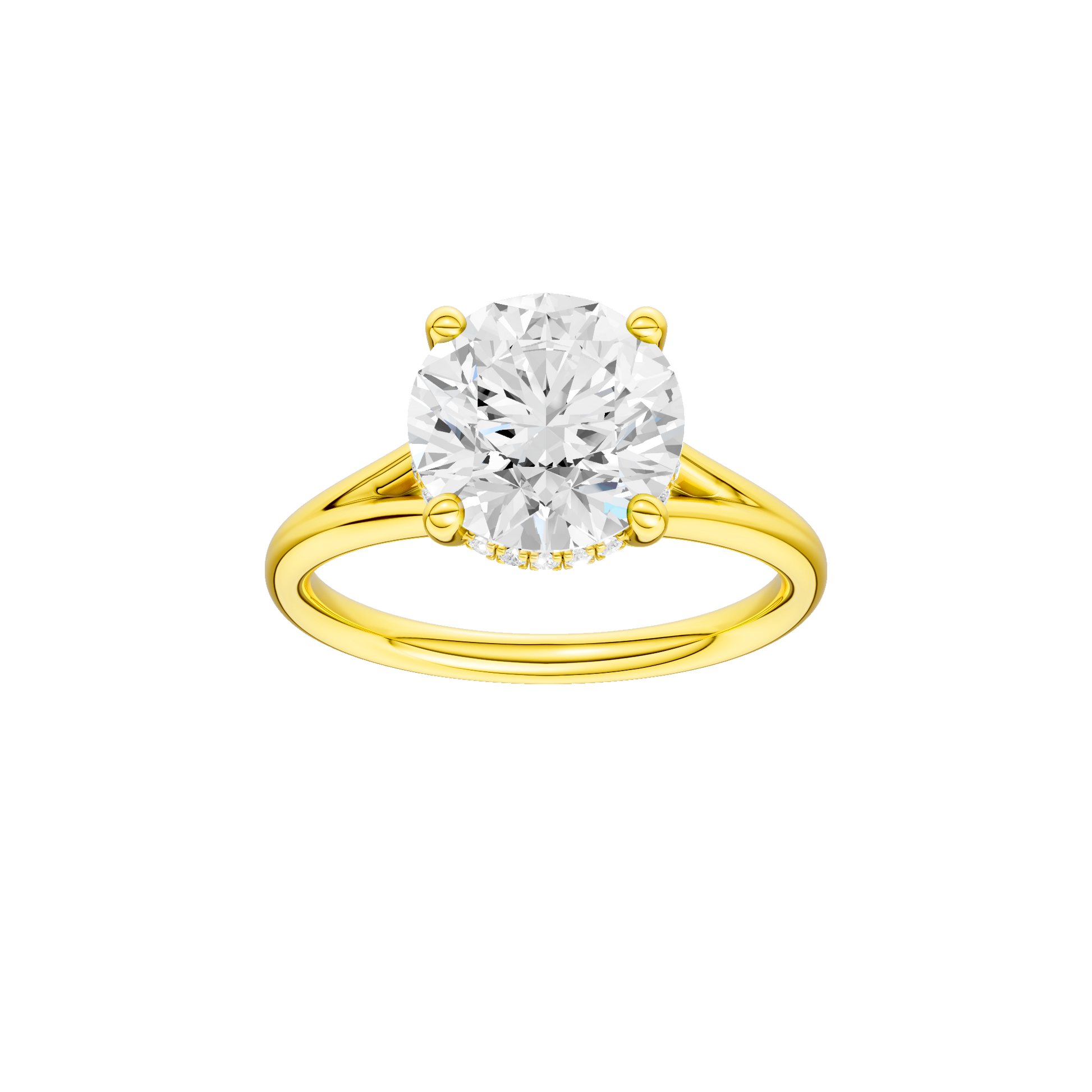 Round-cut diamond engagement ring with a plain band and hidden-halo setting.