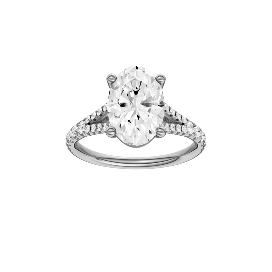 Oval-cut diamond engagement ring with a prong-set diamond band and solitaire setting.