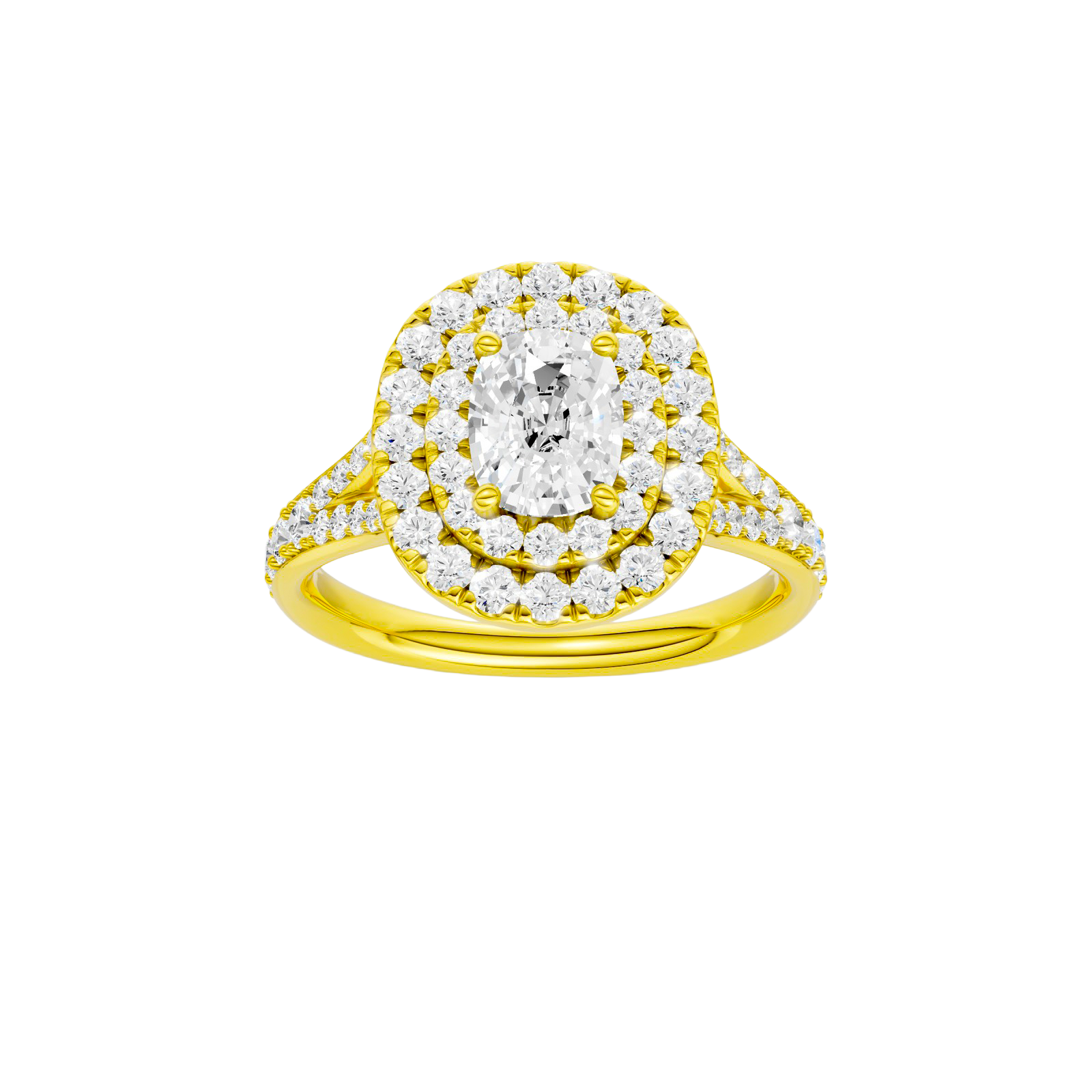 Elongated cushion-cut diamond engagement ring with a channel-set diamond band and double-halo setting.