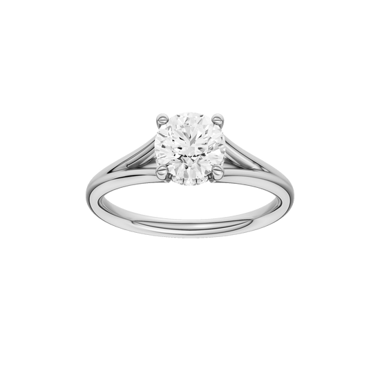 Round-cut diamond engagement ring with a plain band and hidden-halo setting.
