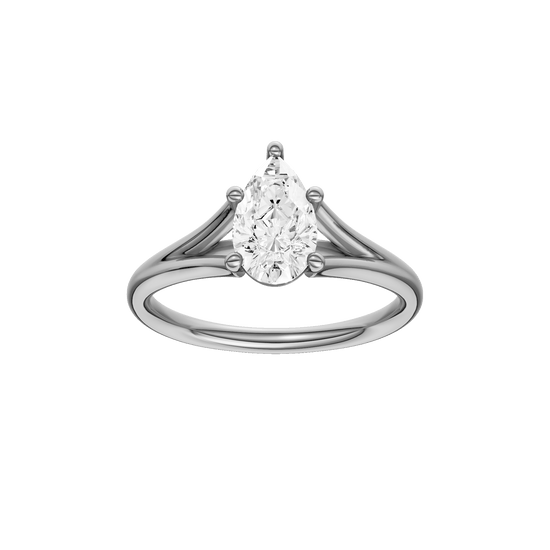 Pear-cut diamond engagement ring with a plain band and solitaire setting.