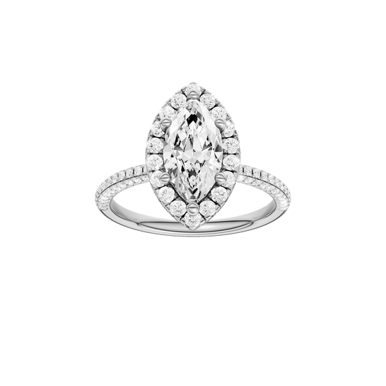 Marquise-cut diamond engagement ring with a pavé-set diamond band and halo setting.