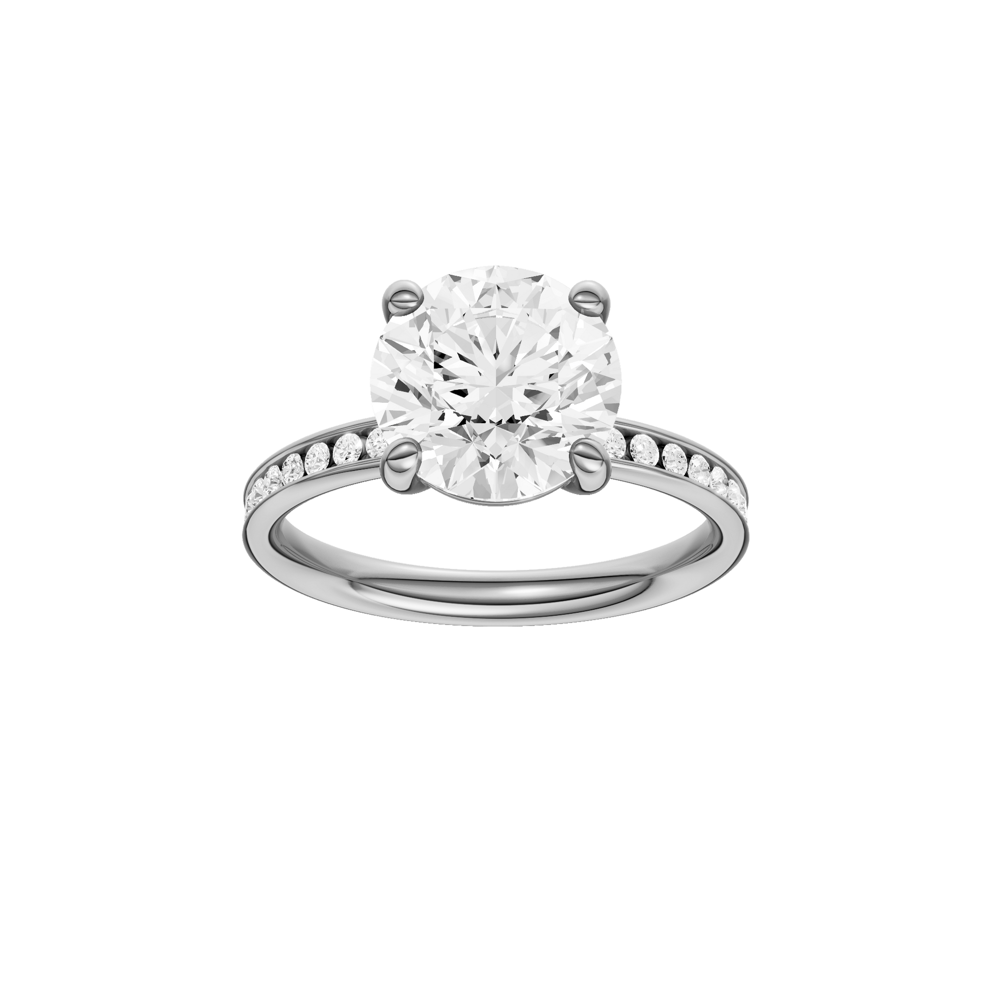 Round-cut diamond engagement ring with a channel-set diamond band and solitaire setting.