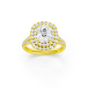 Elongated cushion-cut diamond engagement ring with a channel-set diamond band and double-halo setting.