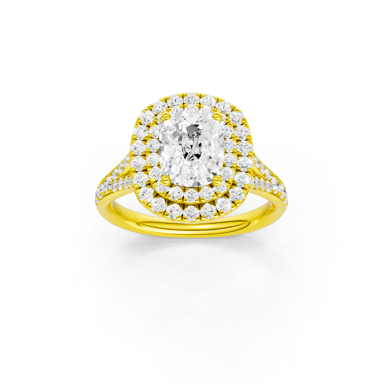 Elongated cushion-cut diamond engagement ring with a channel-set diamond band and double-halo setting.