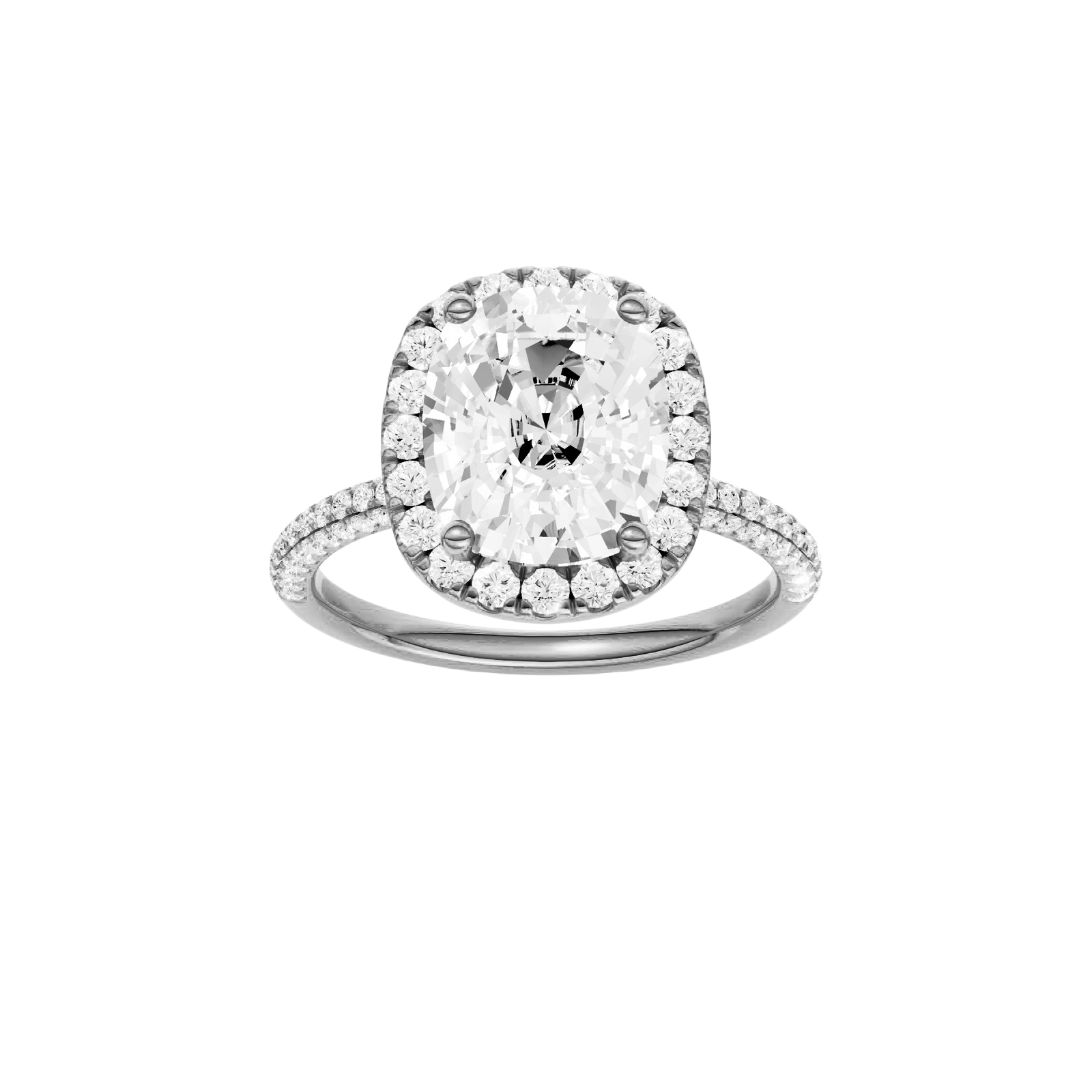 Elongated cushion-cut diamond engagement ring with a pavé-set diamond band and halo setting.
