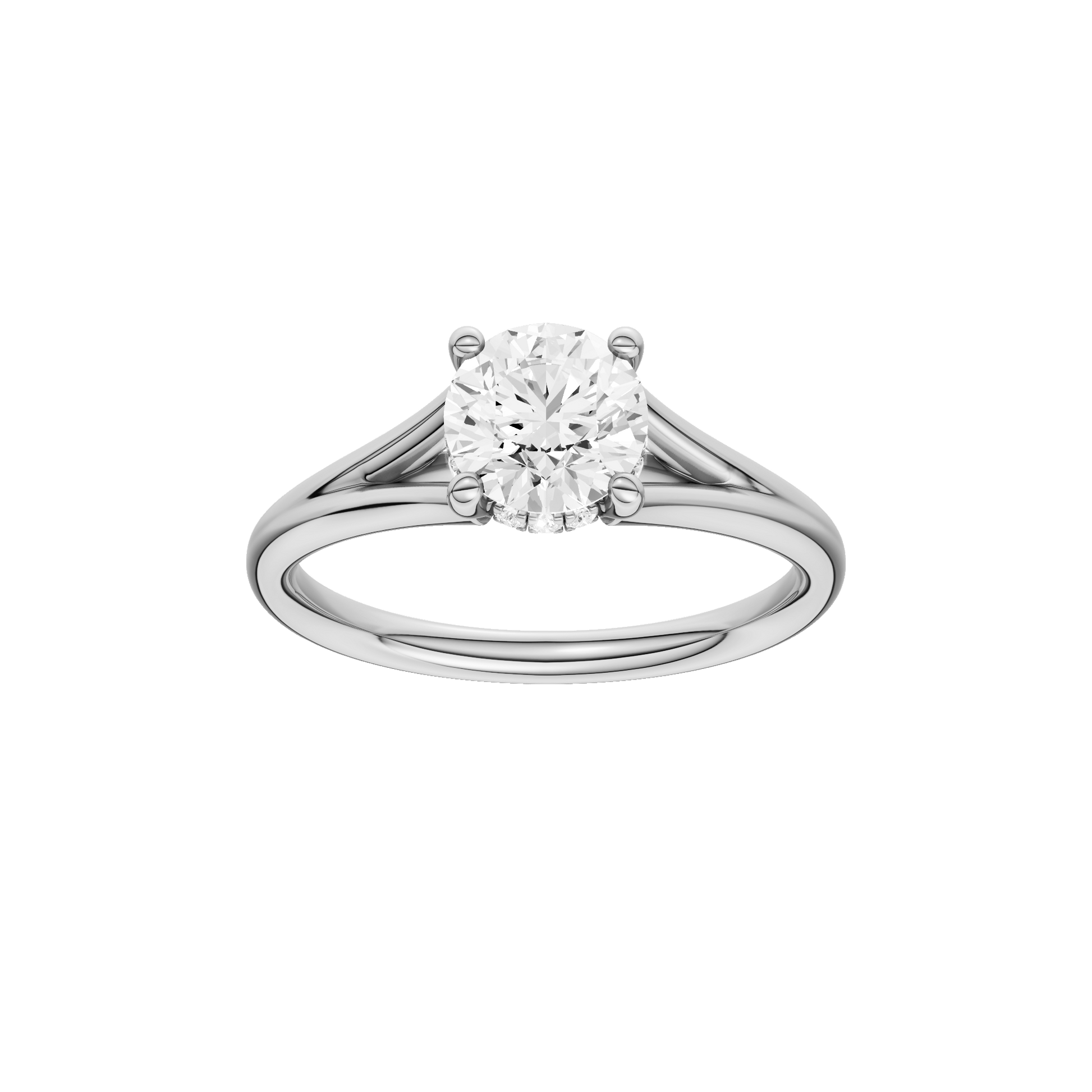 Round-cut diamond engagement ring with a plain band and hidden-halo setting.