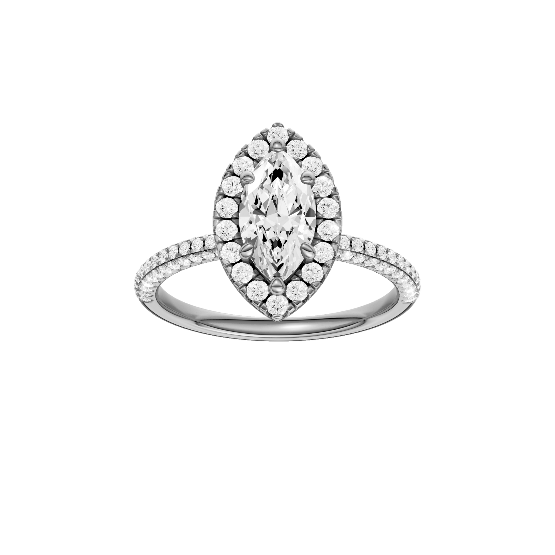 Marquise-cut diamond engagement ring with a pavé-set diamond band and halo setting.