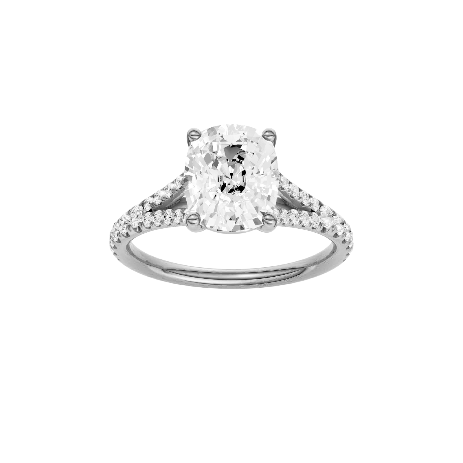 Elongated cushion-cut diamond engagement ring with a prong-set diamond band and solitaire setting.