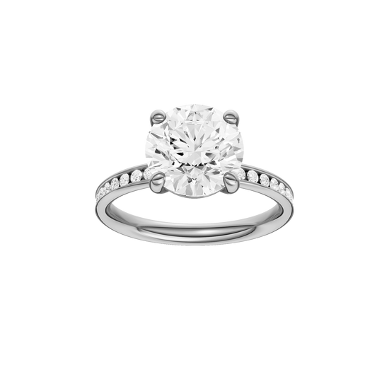 Round-cut diamond engagement ring with a channel-set diamond band and solitaire setting.