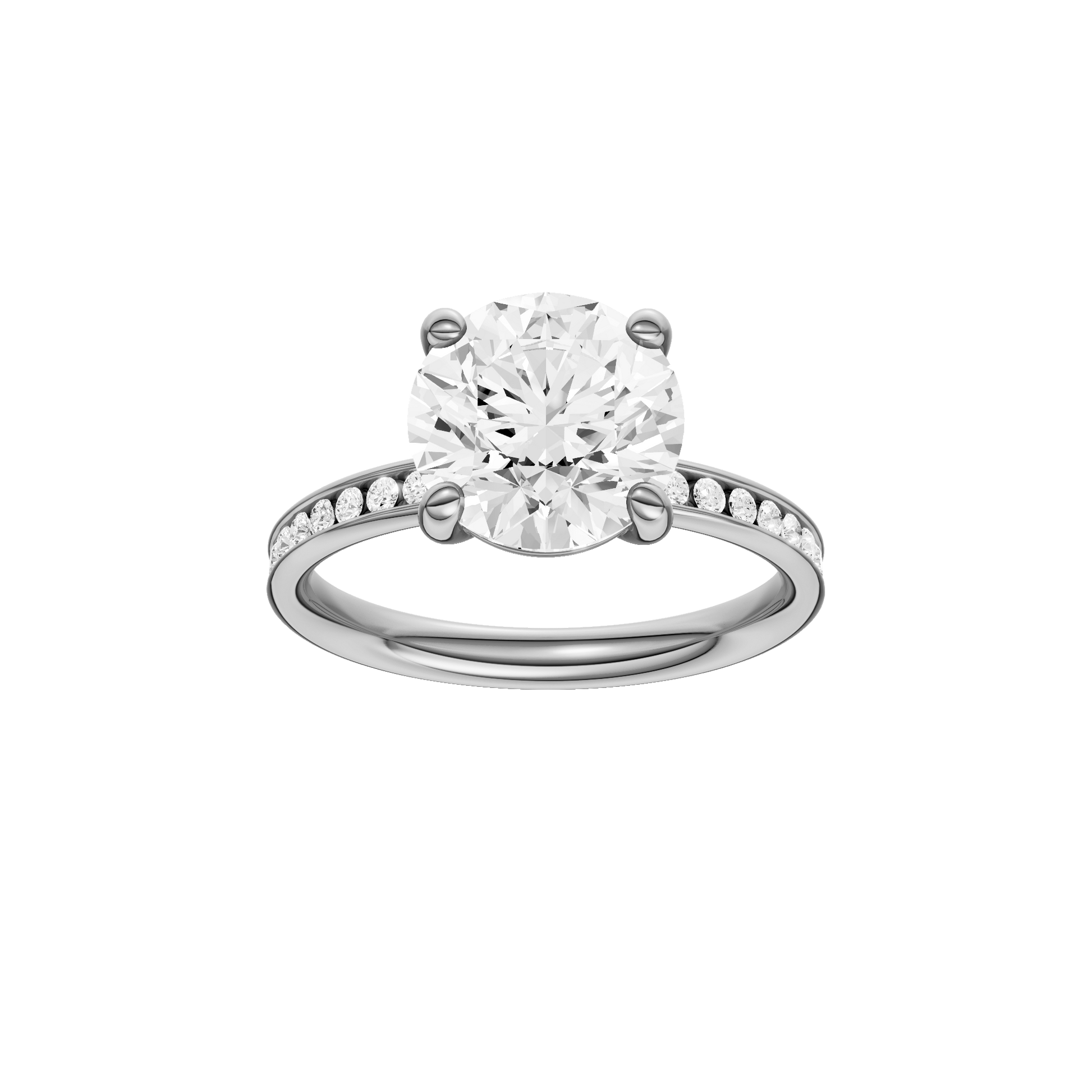 Round-cut diamond engagement ring with a channel-set diamond band and solitaire setting.