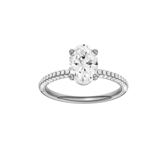Oval-cut diamond engagement ring with a pavé-set diamond band and solitaire setting.