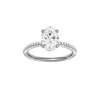 Oval-cut diamond engagement ring with a pavé-set diamond band and solitaire setting.